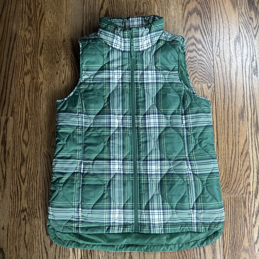 Lands' End Plaid Puffer Vest Womens Medium Tall 10-12 Green White Quilted Zip